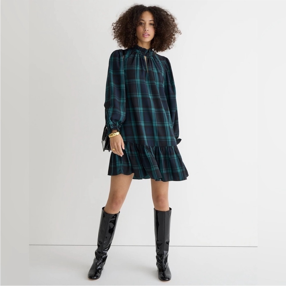 J.crew Ruffle puff-sleeve dress in Black Watch tartan size small